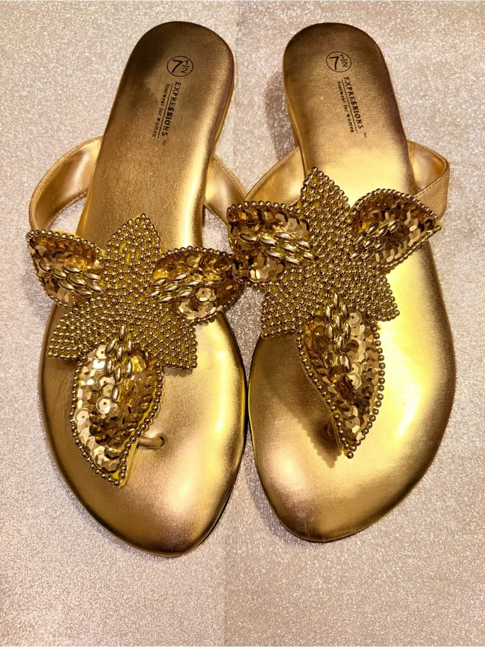 Metallic Gold Floral Sequin Slide Sandals- size 7.5